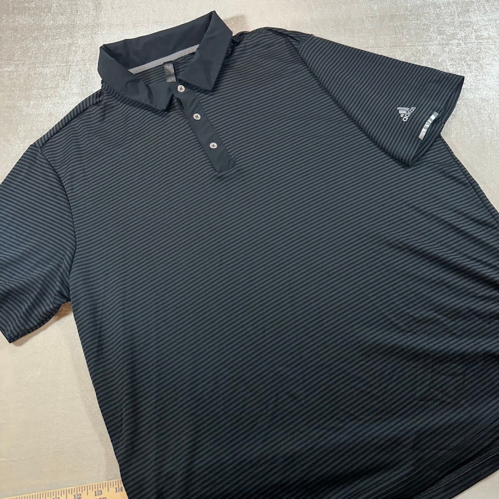 Adidas Golf Polo Shirt Mens 2XLT Black Grey Striped Short Sleeve Logo